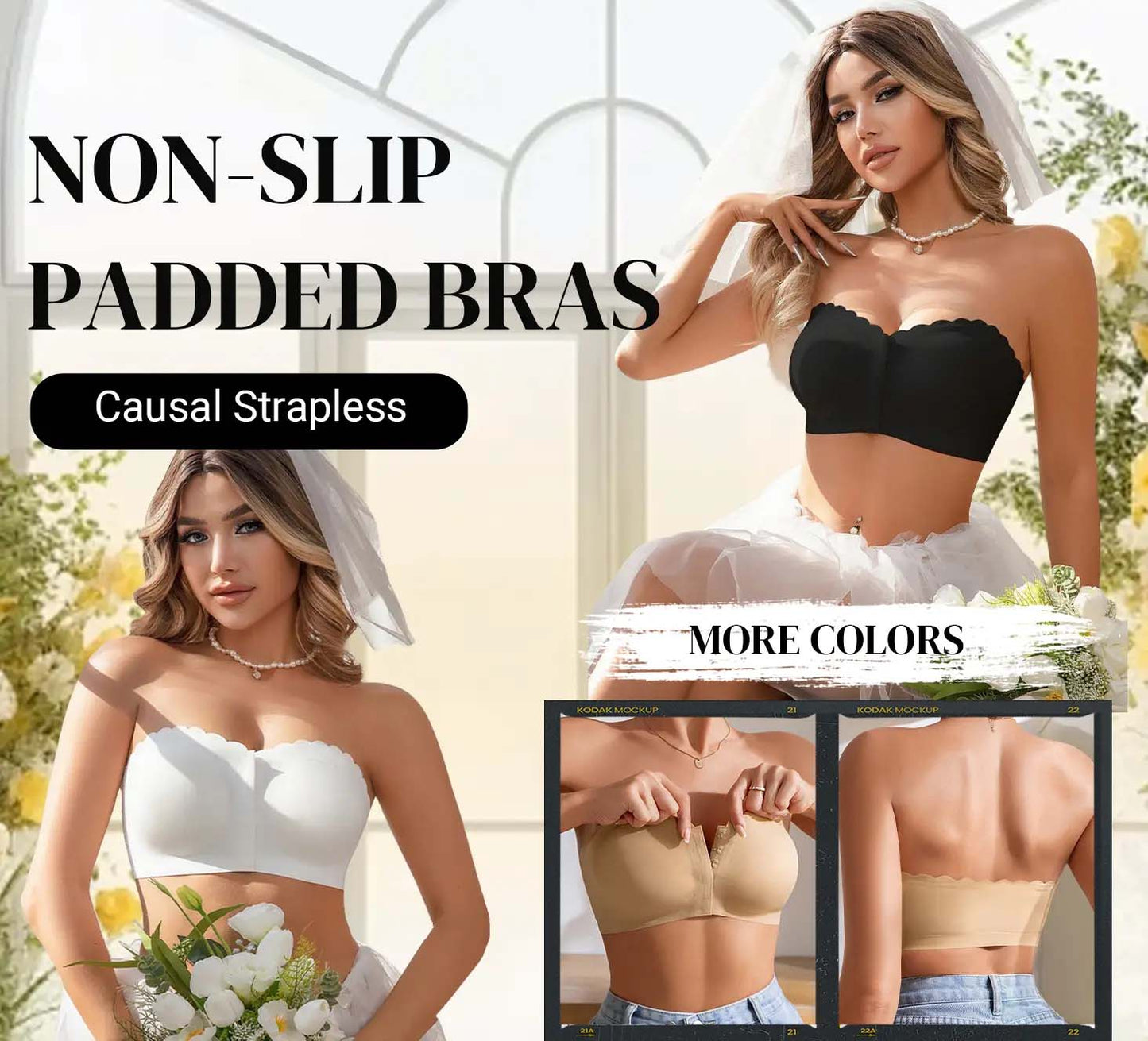 Sømløs frontlukking med skulderstropper og bandeau-bh