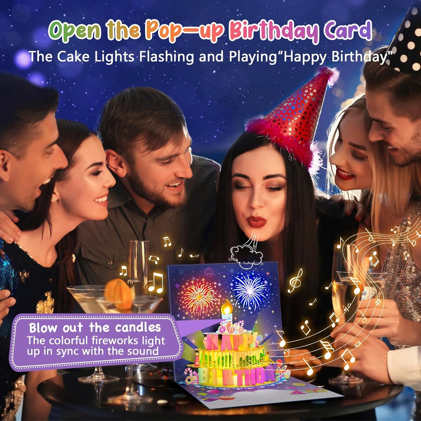 🎂Fødselsdagskort med fyrverkeri, pop-up-kake og blåsbar lys- og musikkfunksjon