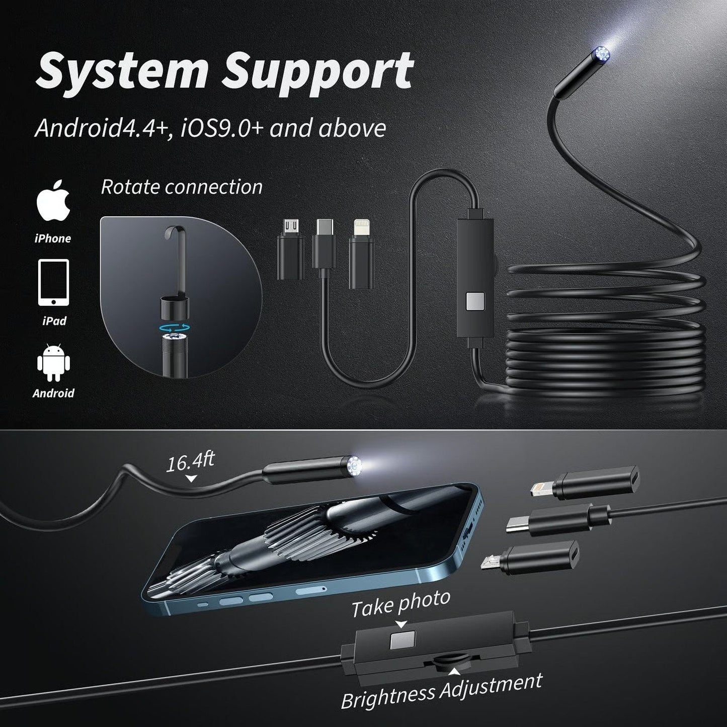 🔎Plug-and-Play-endoskopkamera – Kompatibelt med Android, iPhone og iPad for direkte tilkobling