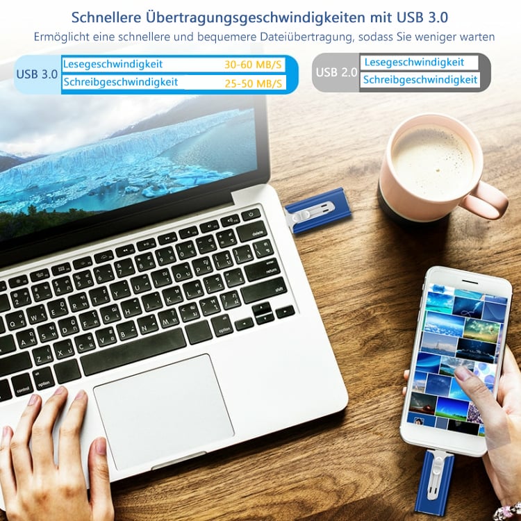 🔥Hot salg - 49% rabatt🔥16 ~ 256 GB Micro USB + 8 Pin + USB 3.0 4 i 1 mobiltelefon datamaskin U-Disk
