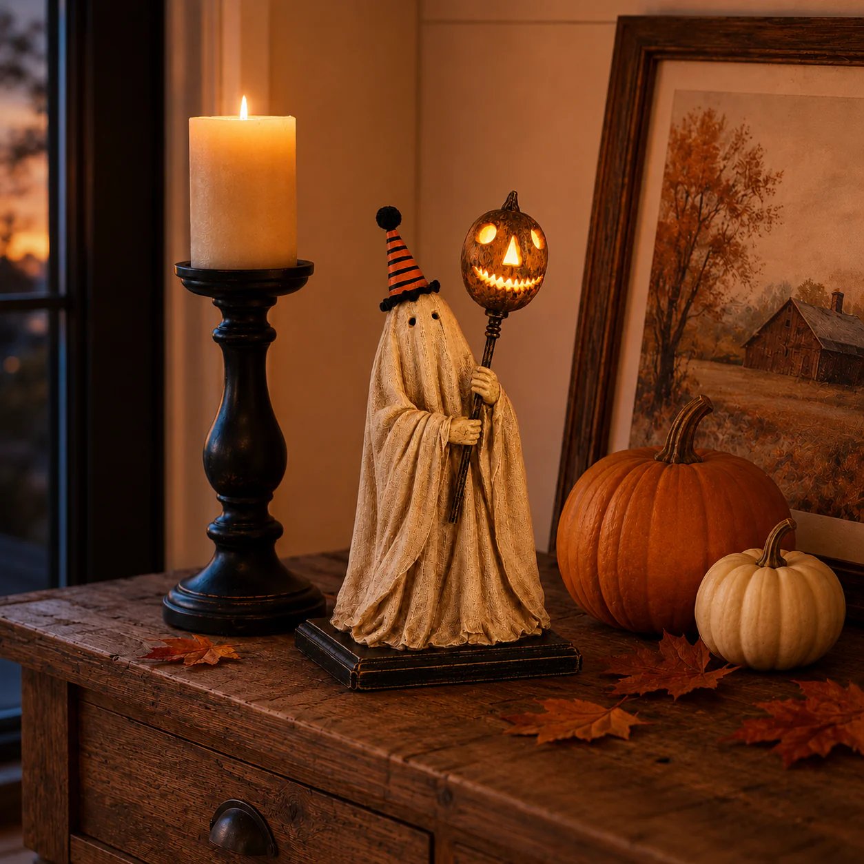 Summerween-salg: 50 % rabatt – Opplyst vintage spøkelsesfigur med glødende gresskarstav