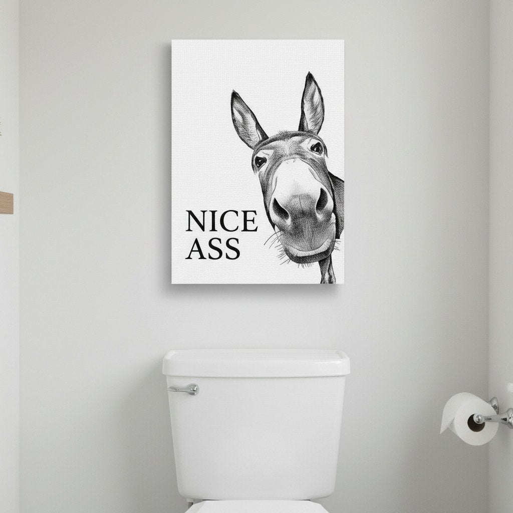 đ§»Morsom veggdekorasjon til badet â bilde av en esel med pĂ„skriften «Nice Ass» (fin rumpe)