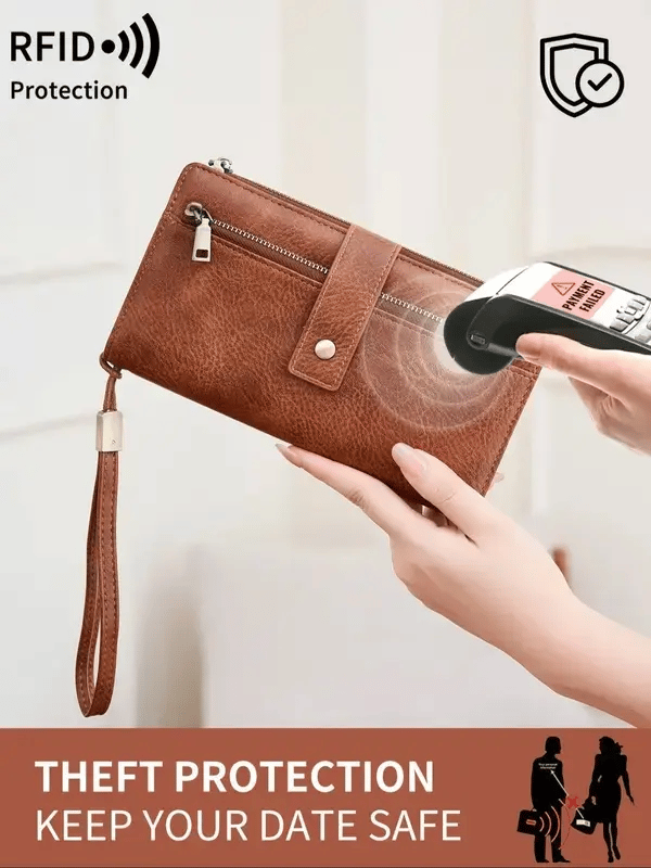 🔥Siste dag med 49 % rabatt – Lang lommebok for damer, stilig clutch, elegant ensfarget lommebok i skinn med RFID-beskyttelse