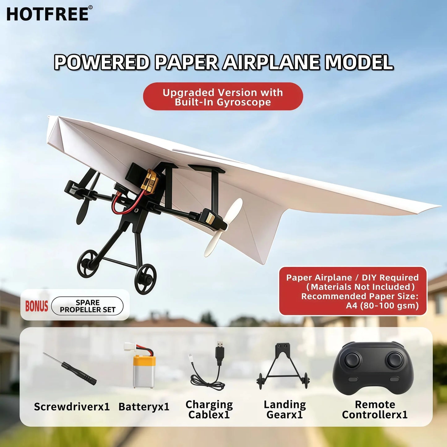 Hotfree Power-Up RC-papirfly-sett med gyrostabilisator – elektrisk fjernstyrt fly til selvbygging med to propeller, lett og sammenleggbart STEM-leketøy
