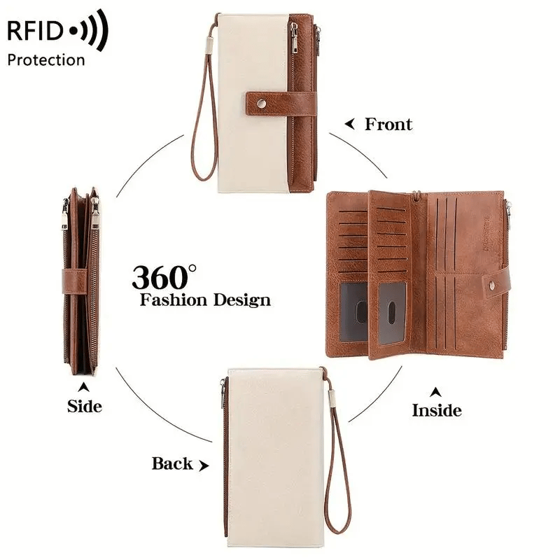 🔥Siste dag med 49 % rabatt – Lang lommebok for damer, stilig clutch, elegant ensfarget lommebok i skinn med RFID-beskyttelse
