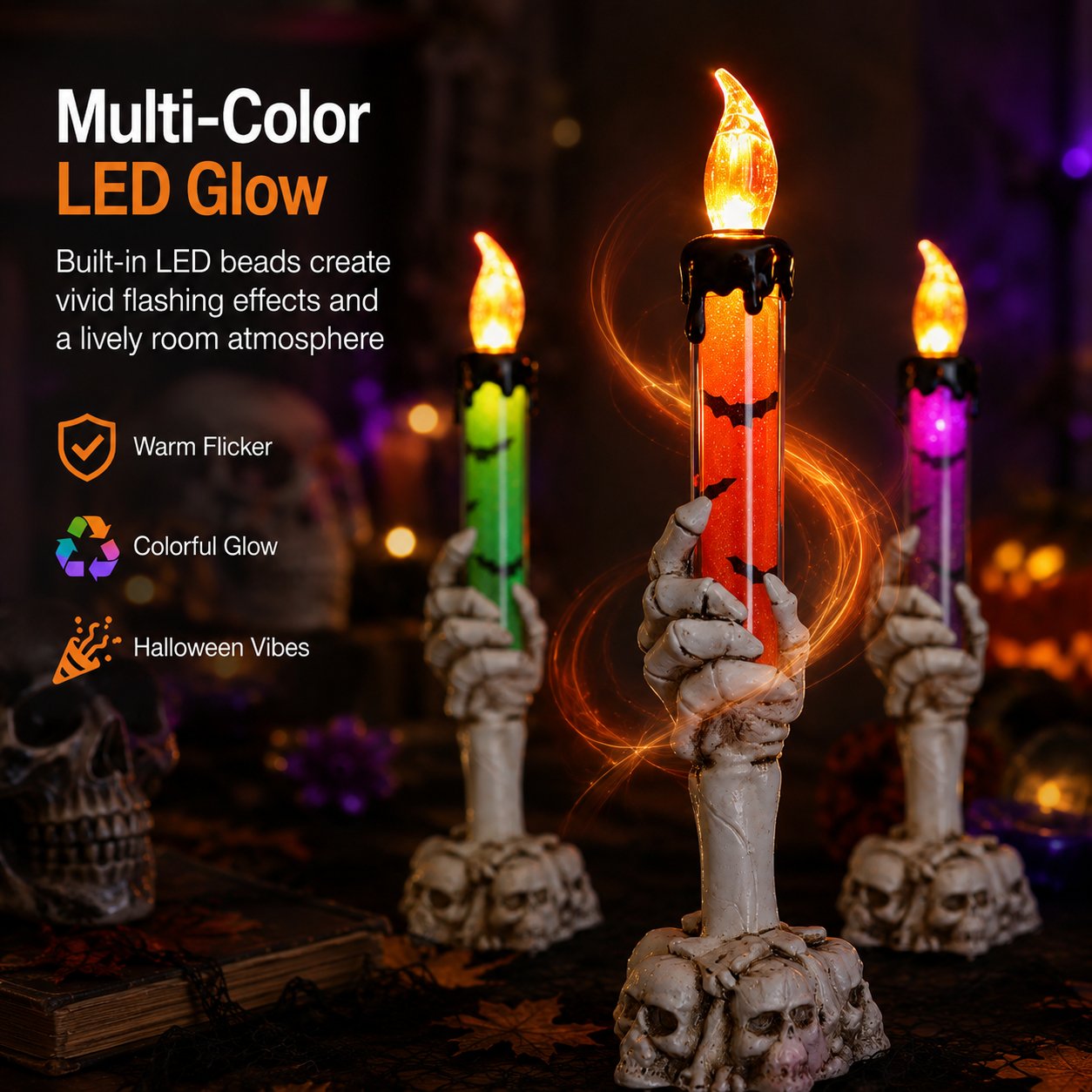 🎃 Siste dag med 50 % rabatt – LED-lysett med glitter i form av et skjelett og hodeskalle til Halloween