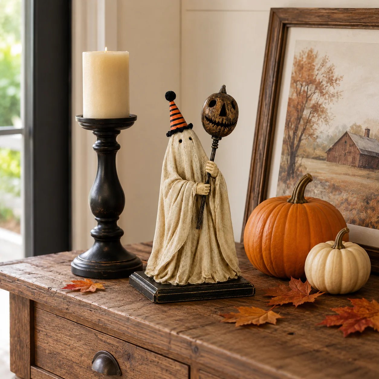 Summerween-salg: 50 % rabatt – Opplyst vintage spøkelsesfigur med glødende gresskarstav