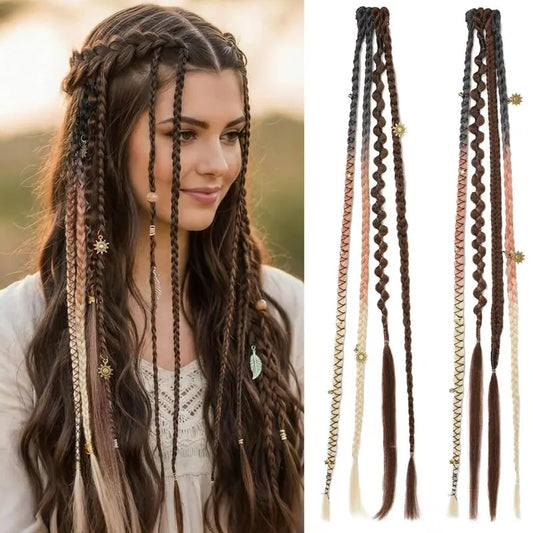 🌿🎨 Boho-flettede clip-in-fletter med perler – Enkel forvandling av frisyren til festivaler og hverdagsbruk (✨2 stk.)