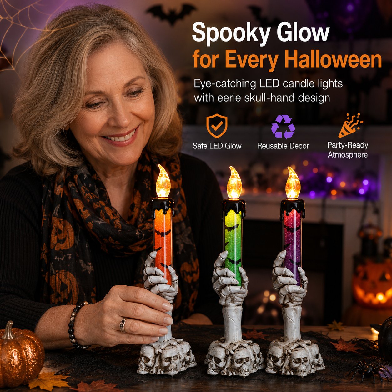🎃 Siste dag med 50 % rabatt – LED-lysett med glitter i form av et skjelett og hodeskalle til Halloween