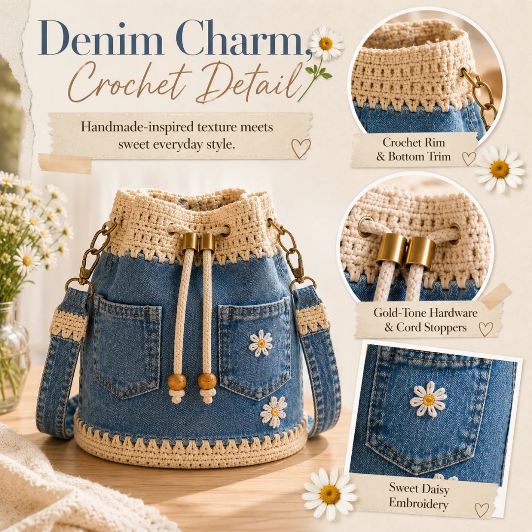 🔥Heit salg! 50 % rabatt!✨👜Håndlaget heklet denim-bøtteveske