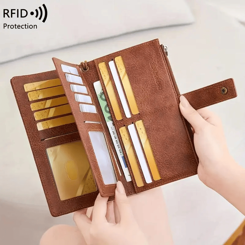 🔥Siste dag med 49 % rabatt – Lang lommebok for damer, stilig clutch, elegant ensfarget lommebok i skinn med RFID-beskyttelse