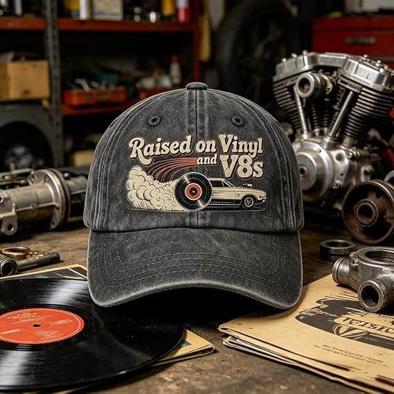 🏽Siste dag med 49 % rabatt – «Raised on Vinyl and V8s» – den broderte klassiske capsen for bilentusiaster