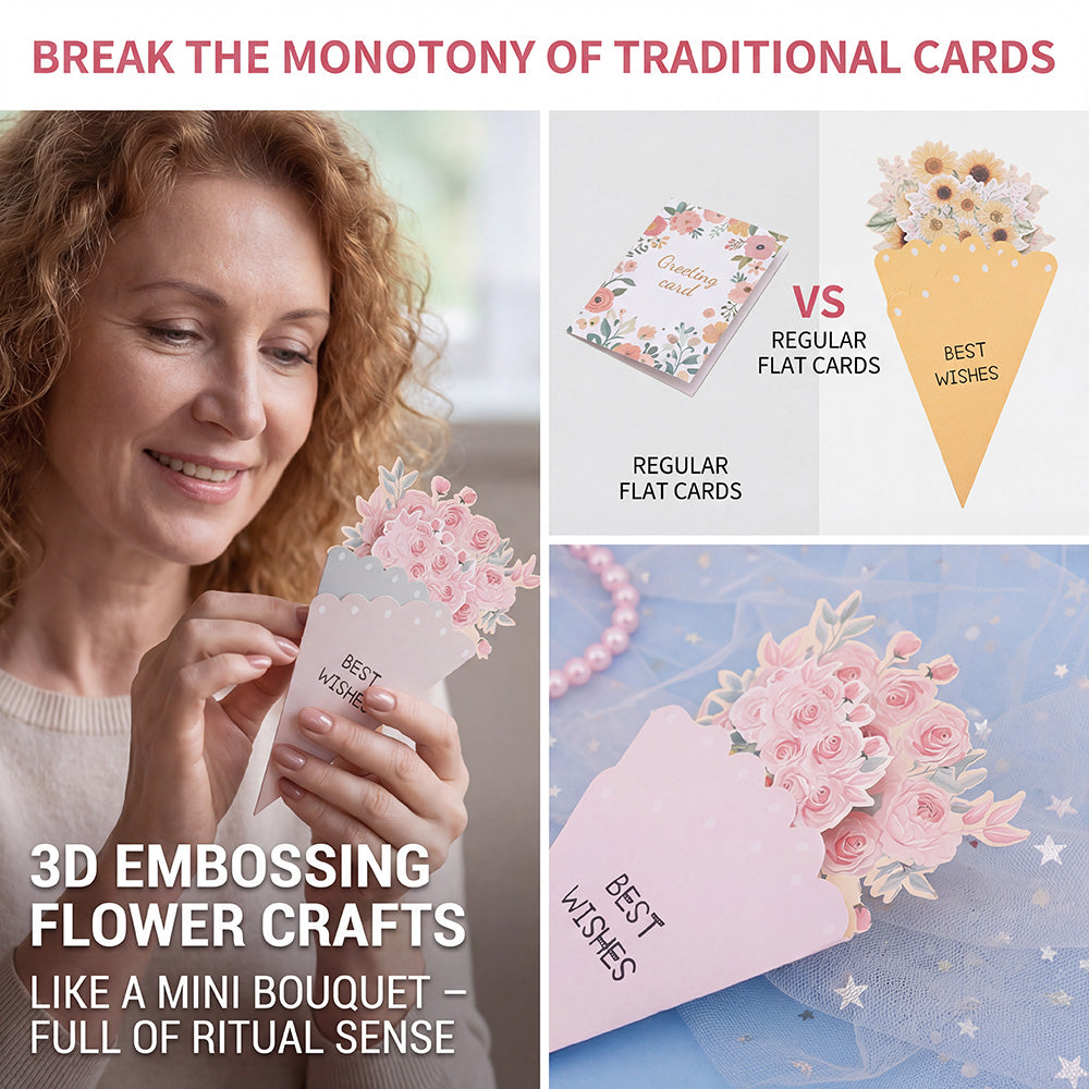 💐3D-blomsterbukett-gratulasjonskort – kreative blomsterkort med konvolutter