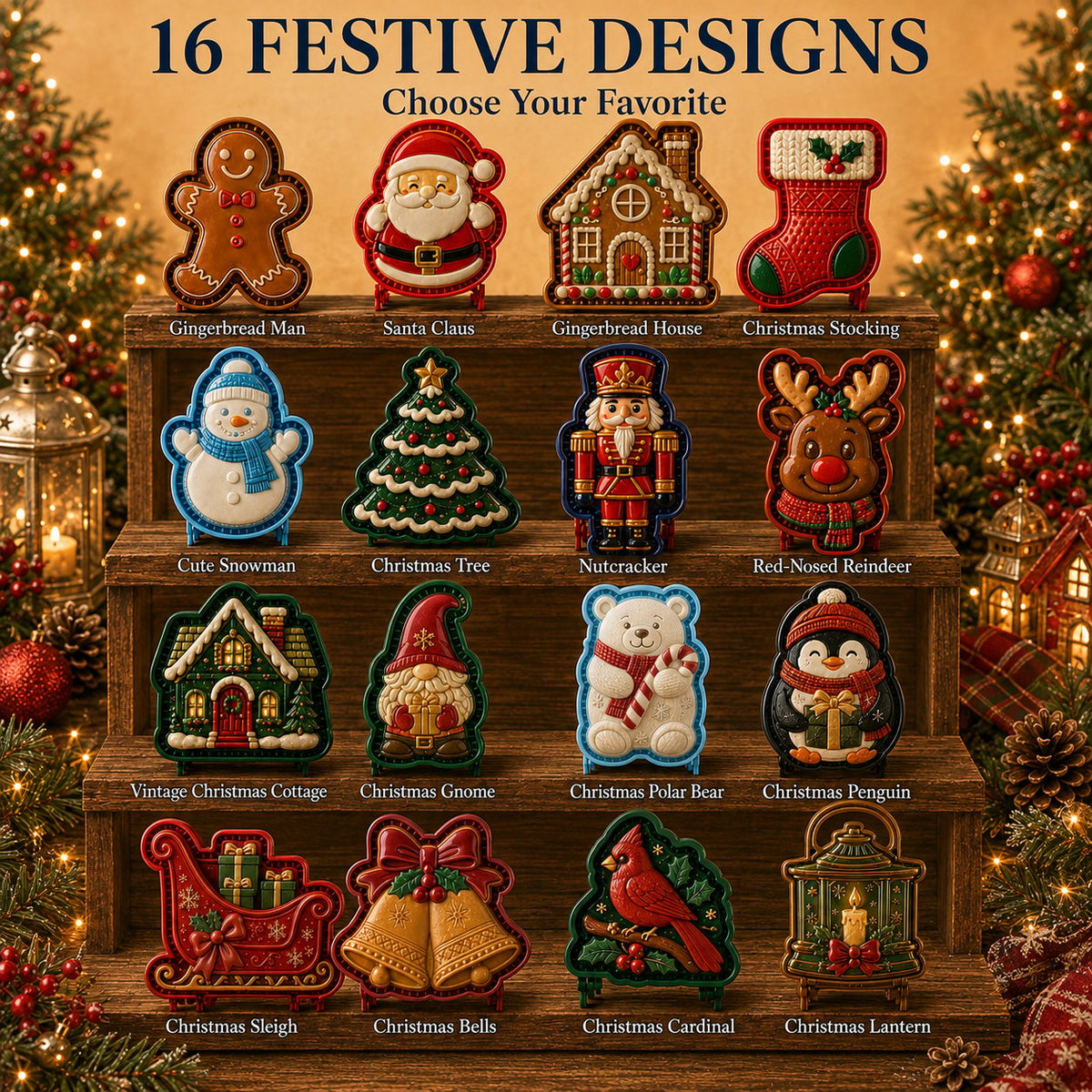 🎄16-delers samling med designede mini-paiformer til jul | Gjenbrukbare, pregede former for å lage detaljerte paier med motiv av julenissen, snømann, reinsdyr, juletre og andre julemotiver 🥧✨