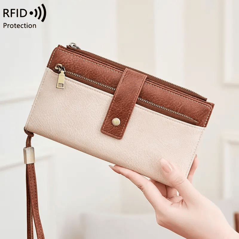 🔥Siste dag med 49 % rabatt – Lang lommebok for damer, stilig clutch, elegant ensfarget lommebok i skinn med RFID-beskyttelse
