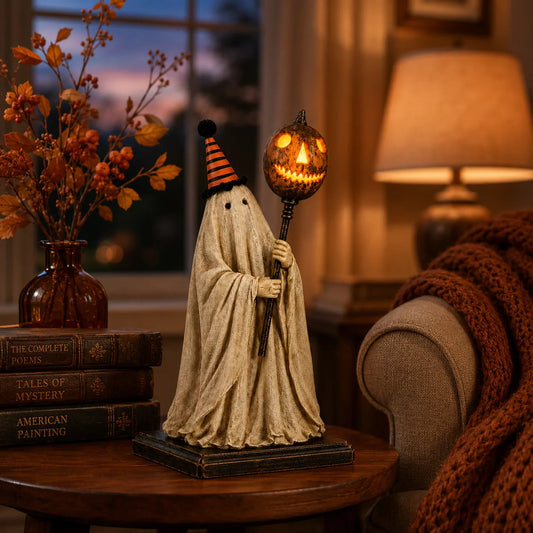 Summerween-salg: 50 % rabatt – Opplyst vintage spøkelsesfigur med glødende gresskarstav