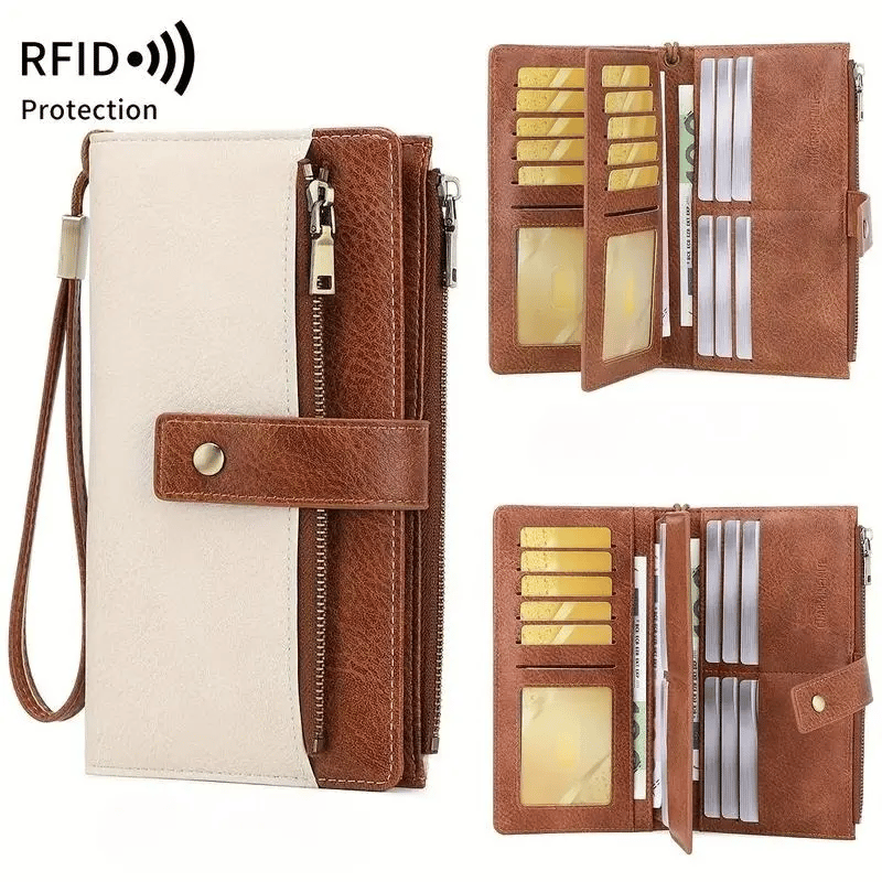 🔥Siste dag med 49 % rabatt – Lang lommebok for damer, stilig clutch, elegant ensfarget lommebok i skinn med RFID-beskyttelse