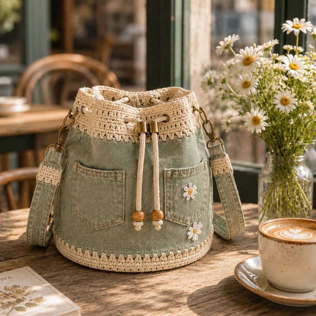 🔥Heit salg! 50 % rabatt!✨👜Håndlaget heklet denim-bøtteveske
