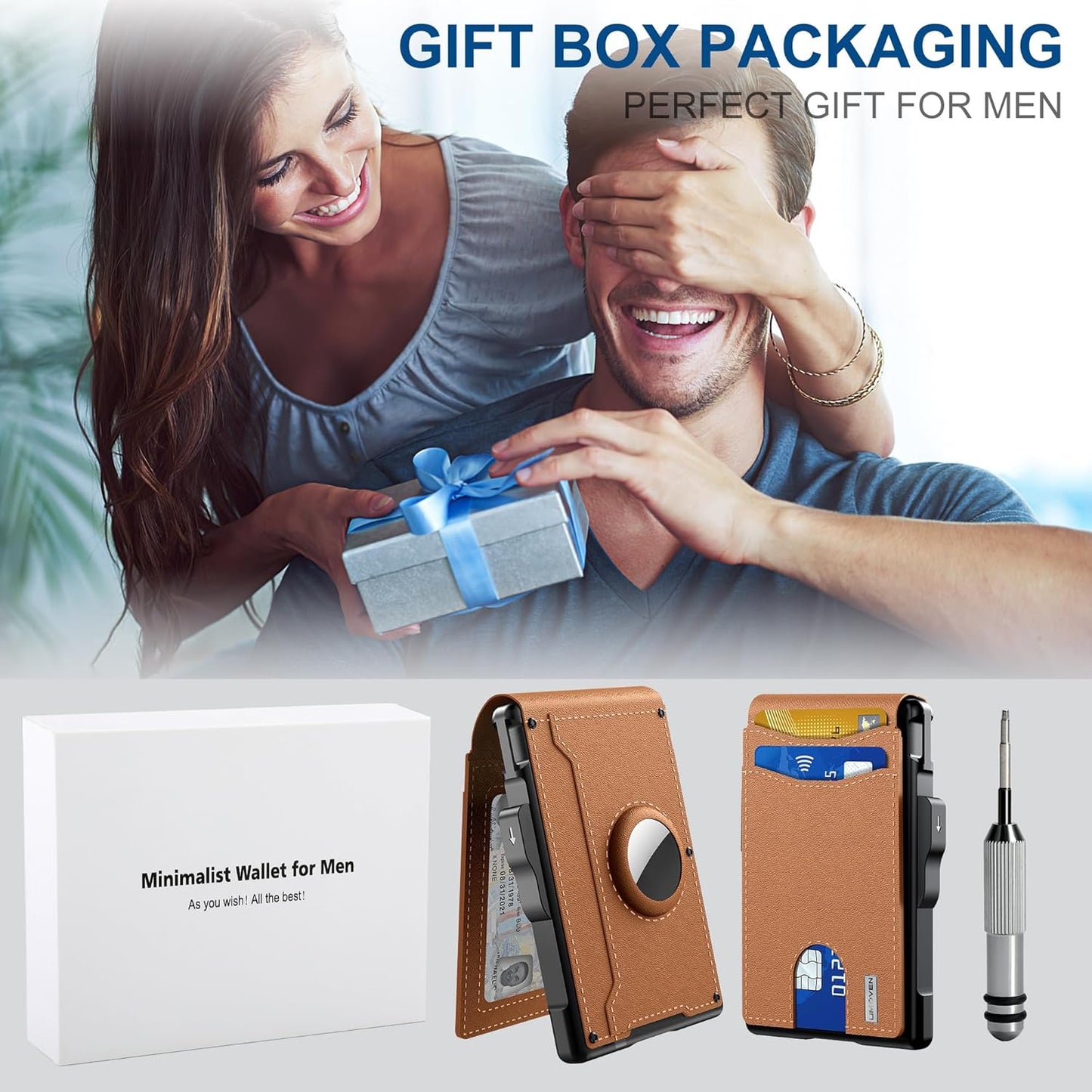✨AirTag-lommebok for menn – med pop-up-aluminiumsveske, pengeklips, slanke skinnlommer, kredittkortlommer, RFID-beskyttelse, minimalistisk lommebok med to rom