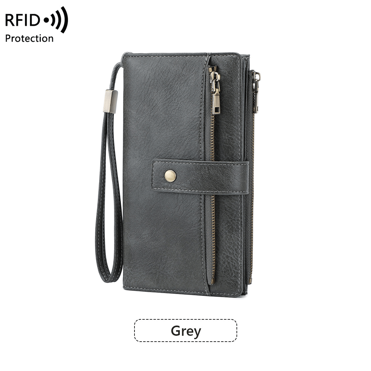 🔥Siste dag med 49 % rabatt – Lang lommebok for damer, stilig clutch, elegant ensfarget lommebok i skinn med RFID-beskyttelse