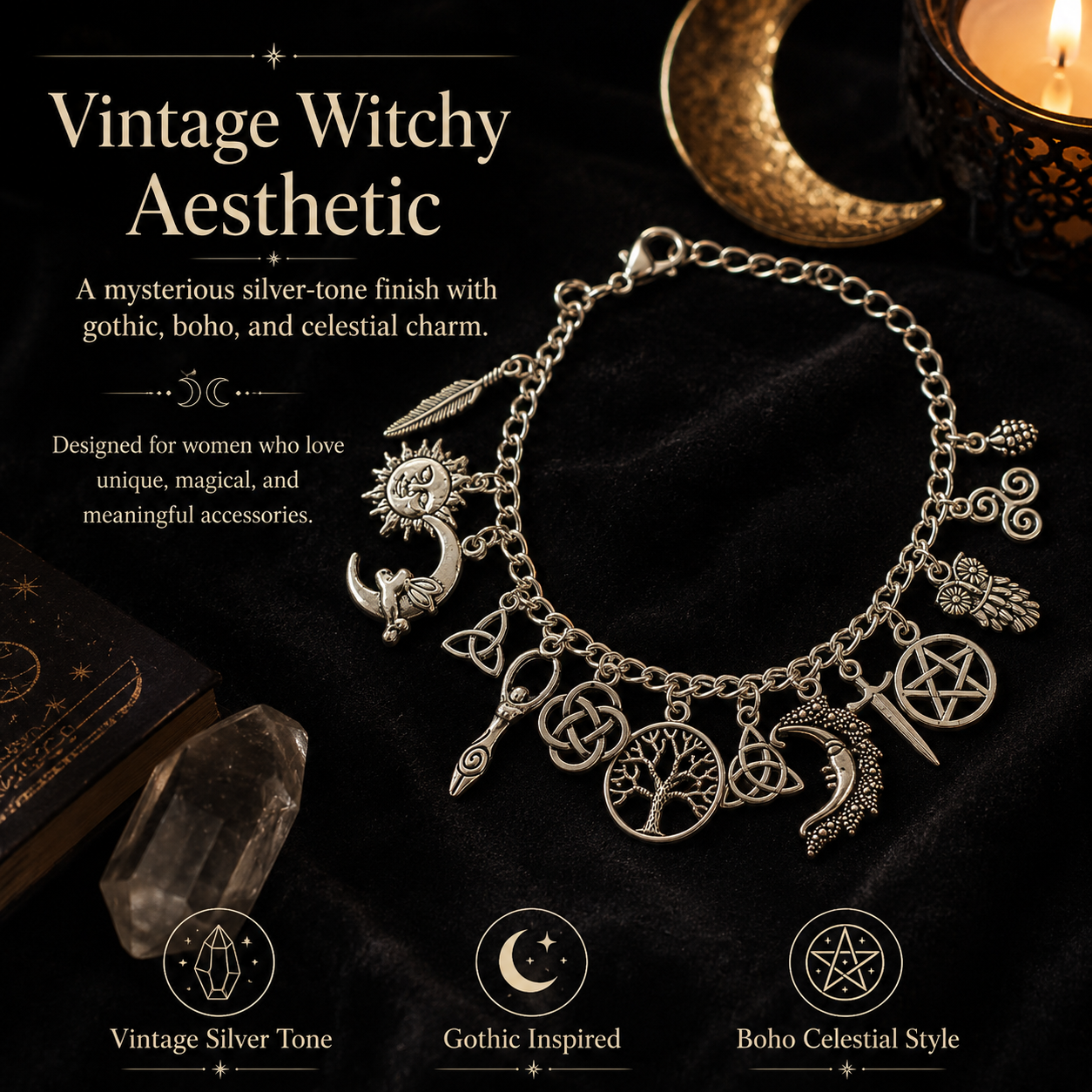 Vintage armbånd med hekseinspirerte anheng | Himmelsinspirert gotisk boho-smykker for kvinner