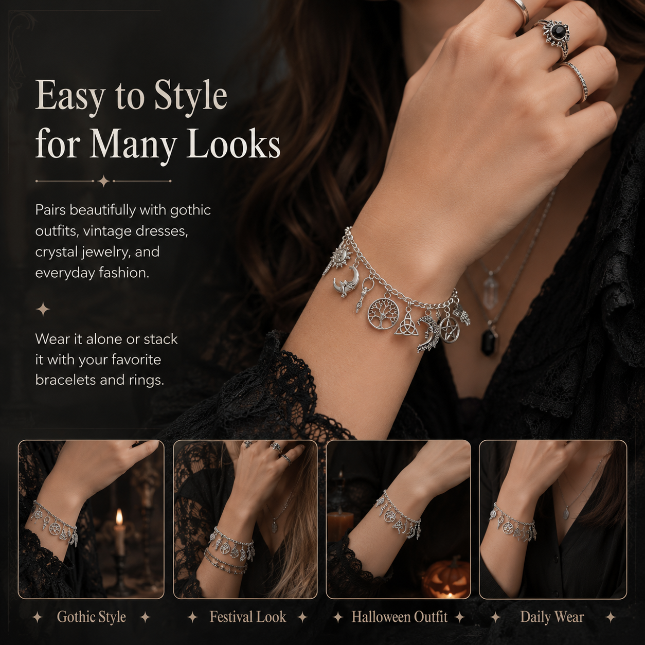 Vintage armbånd med hekseinspirerte anheng | Himmelsinspirert gotisk boho-smykker for kvinner