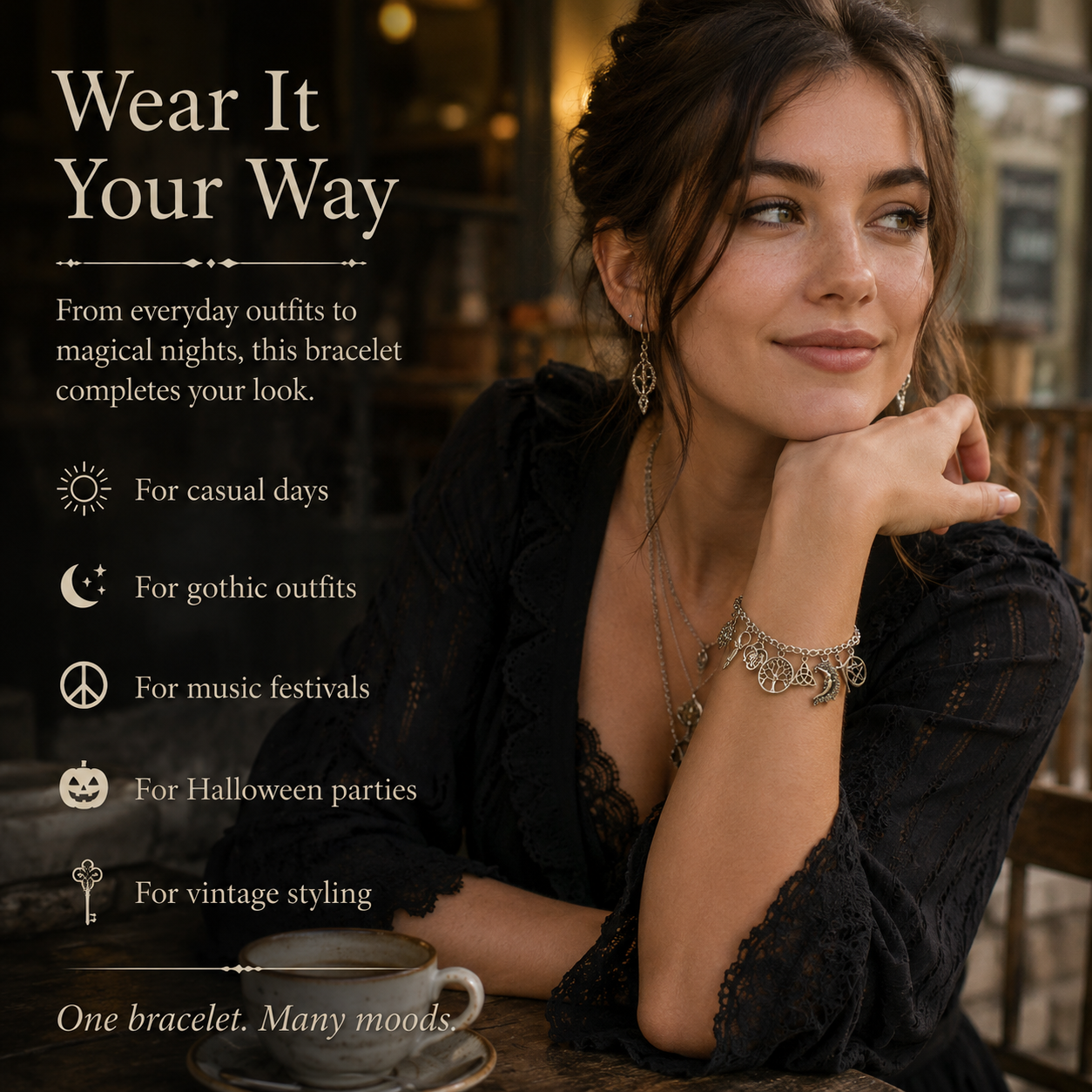 Vintage armbånd med hekseinspirerte anheng | Himmelsinspirert gotisk boho-smykker for kvinner