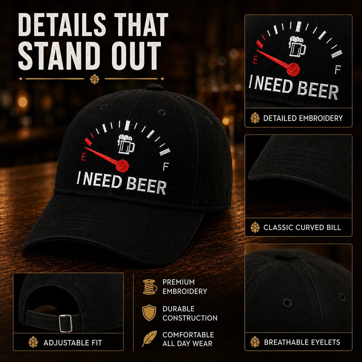 🍺 Baseballcaps med broderi på «I NEED BEER» – Unisex minnecap