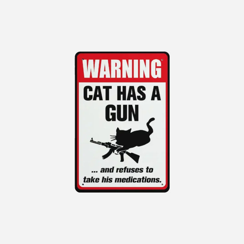 Advarsel: Skilt med en hund og en katt som holder en pistol