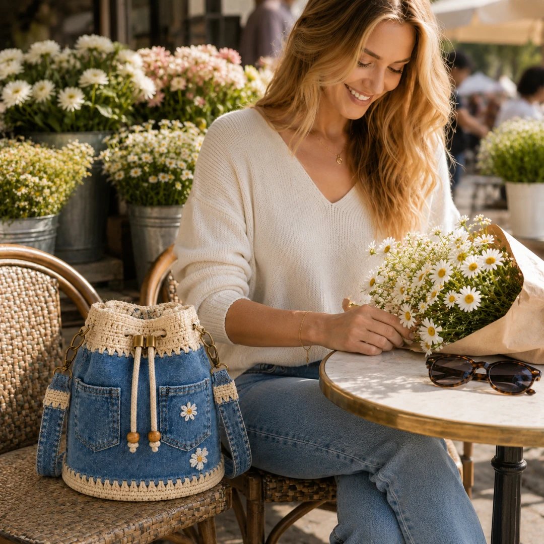 🔥Heit salg! 50 % rabatt!✨👜Håndlaget heklet denim-bøtteveske