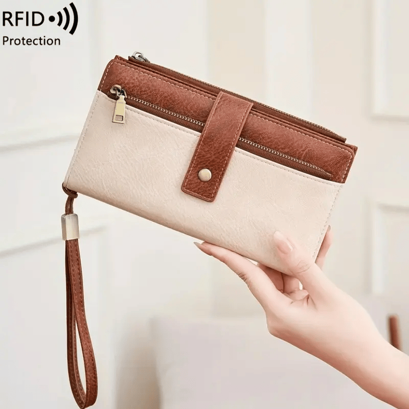 🔥Siste dag med 49 % rabatt – Lang lommebok for damer, stilig clutch, elegant ensfarget lommebok i skinn med RFID-beskyttelse