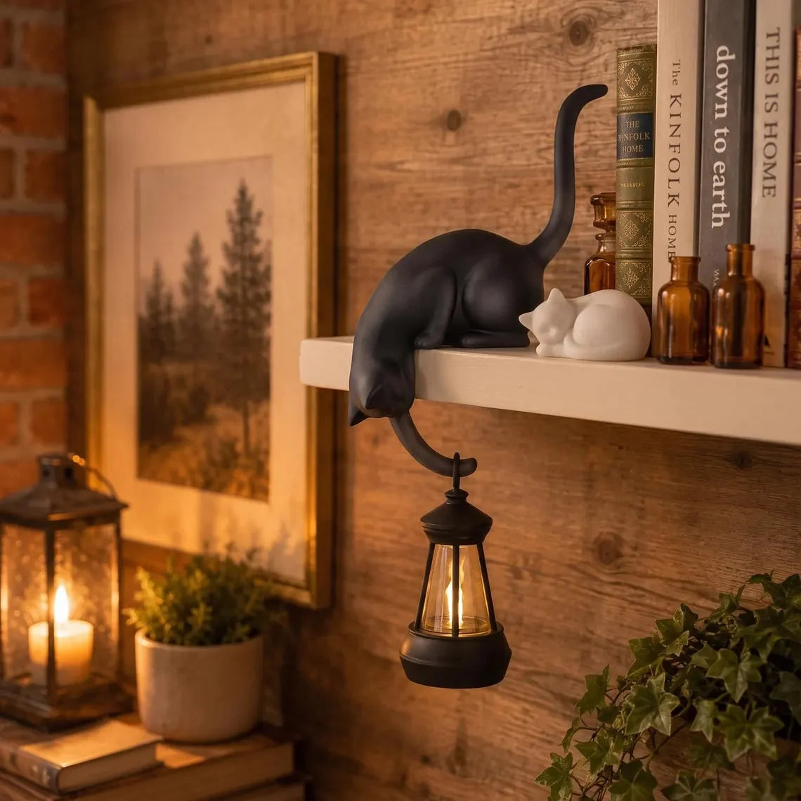 🐈‍Søt kattfigur til bokhyllen med LED-lykt – Søt dekor til bokhyllen og praktisk nøkkelkrok