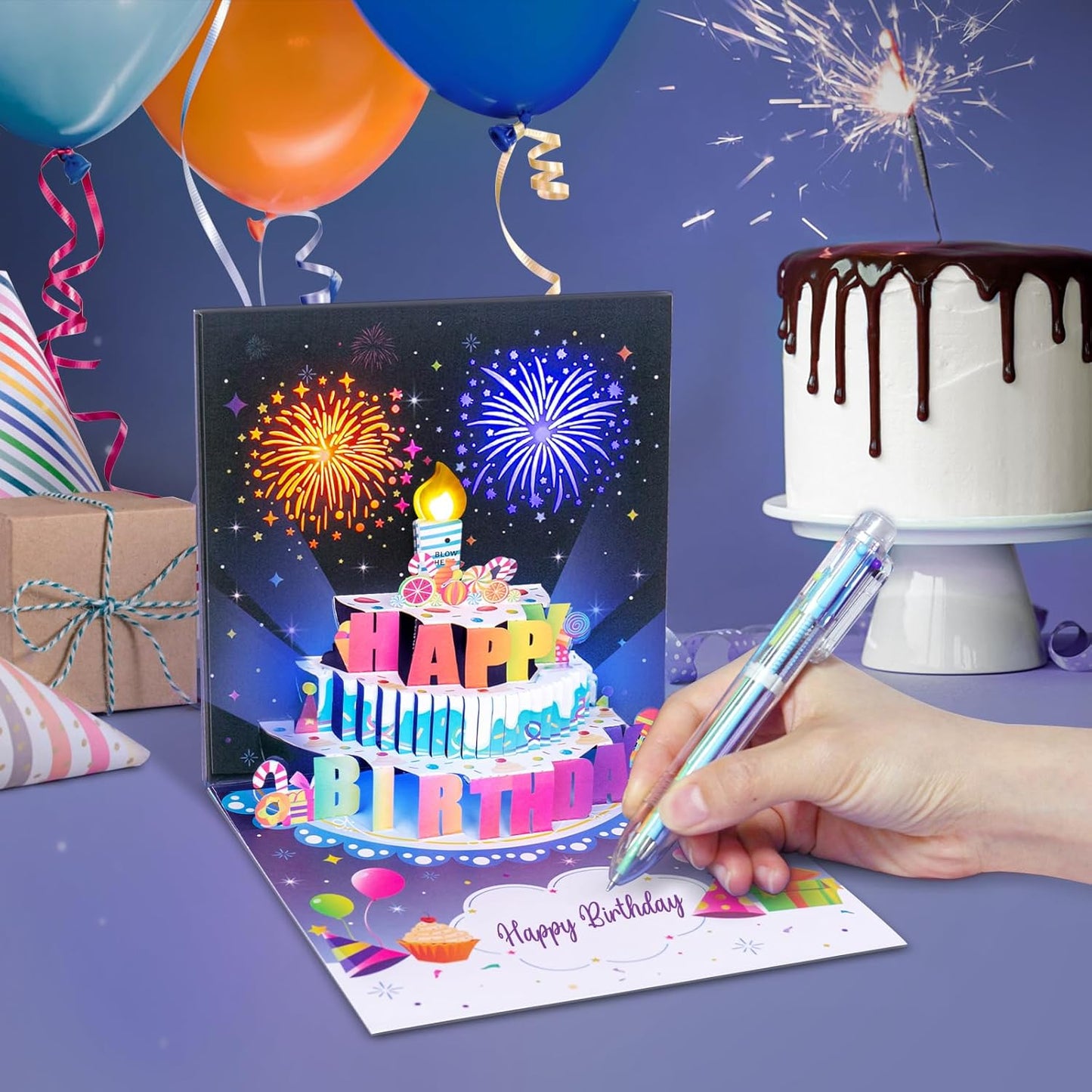 🎂Fødselsdagskort med fyrverkeri, pop-up-kake og blåsbar lys- og musikkfunksjon