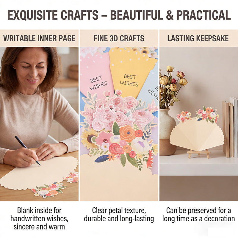 💐3D-blomsterbukett-gratulasjonskort – kreative blomsterkort med konvolutter