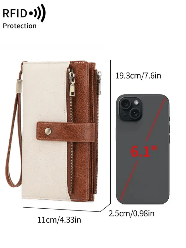 🔥Siste dag med 49 % rabatt – Lang lommebok for damer, stilig clutch, elegant ensfarget lommebok i skinn med RFID-beskyttelse
