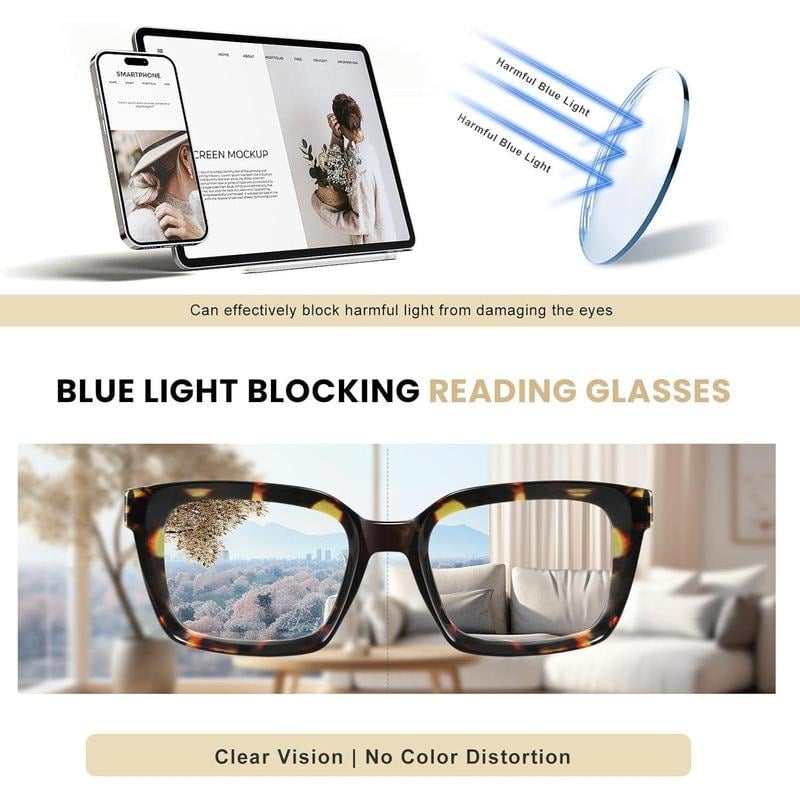 🔥Spesialtilbud – ✨👓Lesebriller i skilpaddeskjell – Oversized, firkantede briller med blått lysfilter