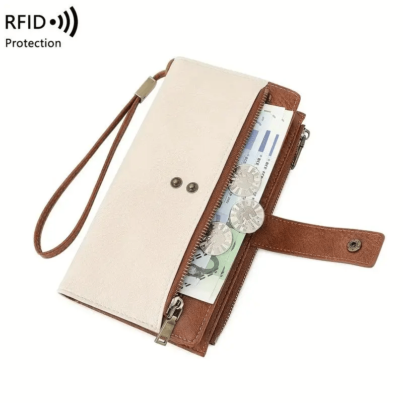 🔥Siste dag med 49 % rabatt – Lang lommebok for damer, stilig clutch, elegant ensfarget lommebok i skinn med RFID-beskyttelse