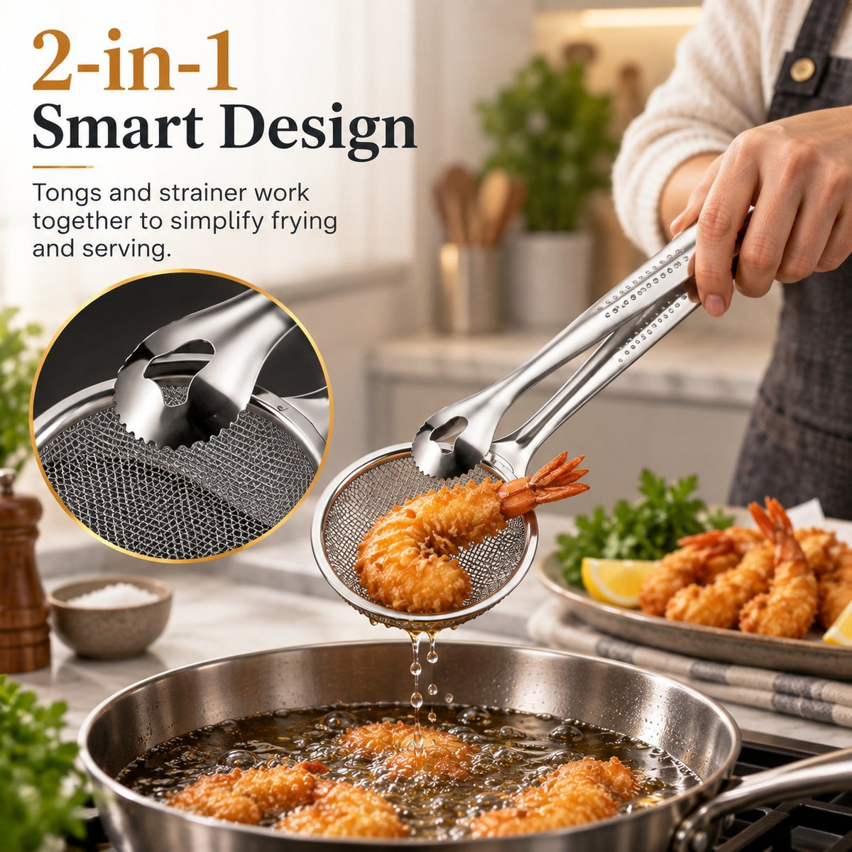 2-i-1-filterklemme til fritering, kjøkkensil med tang til fritert mat 🍳