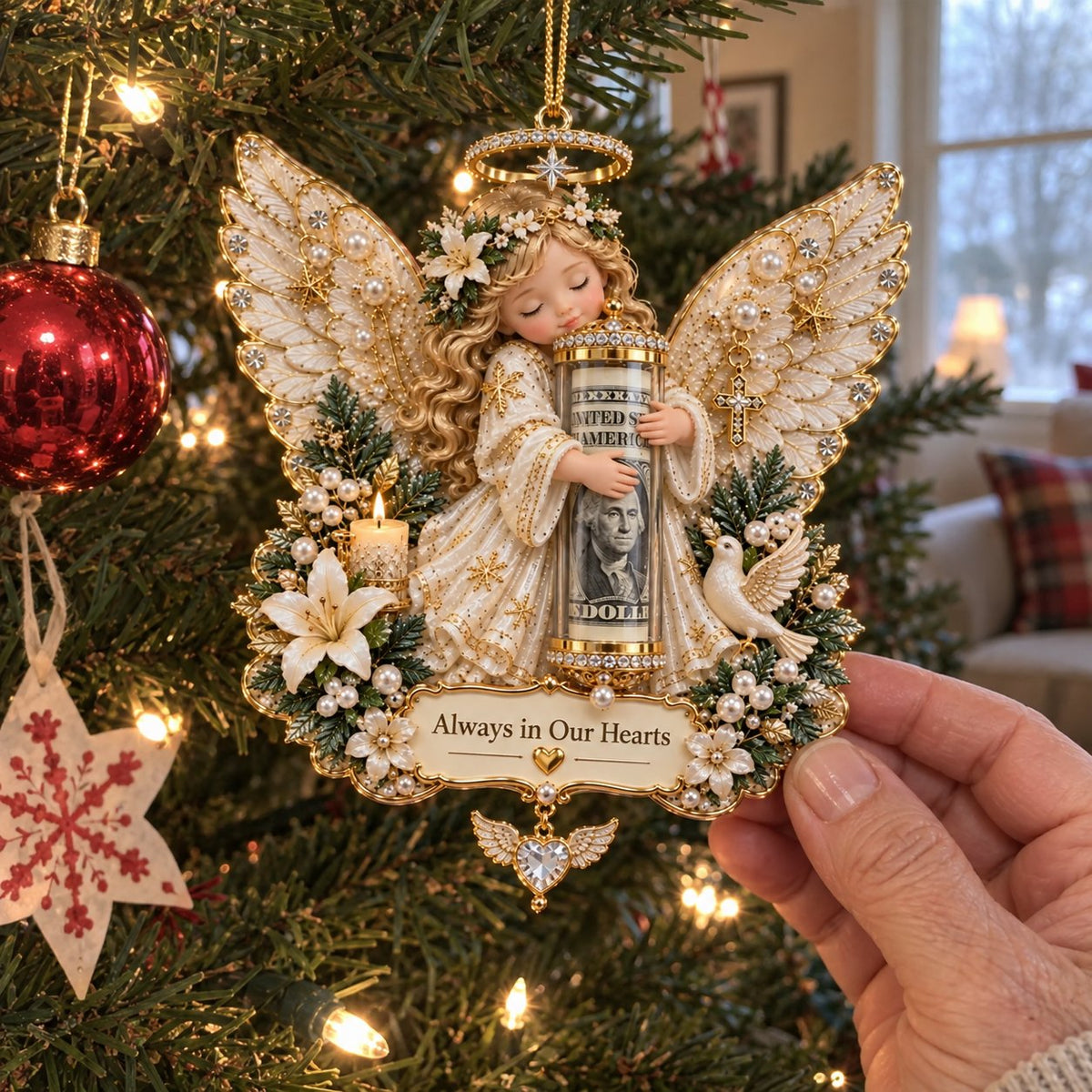 👼💵 3D-julepynt formet som en engel, med åpning til kontanter ✨
