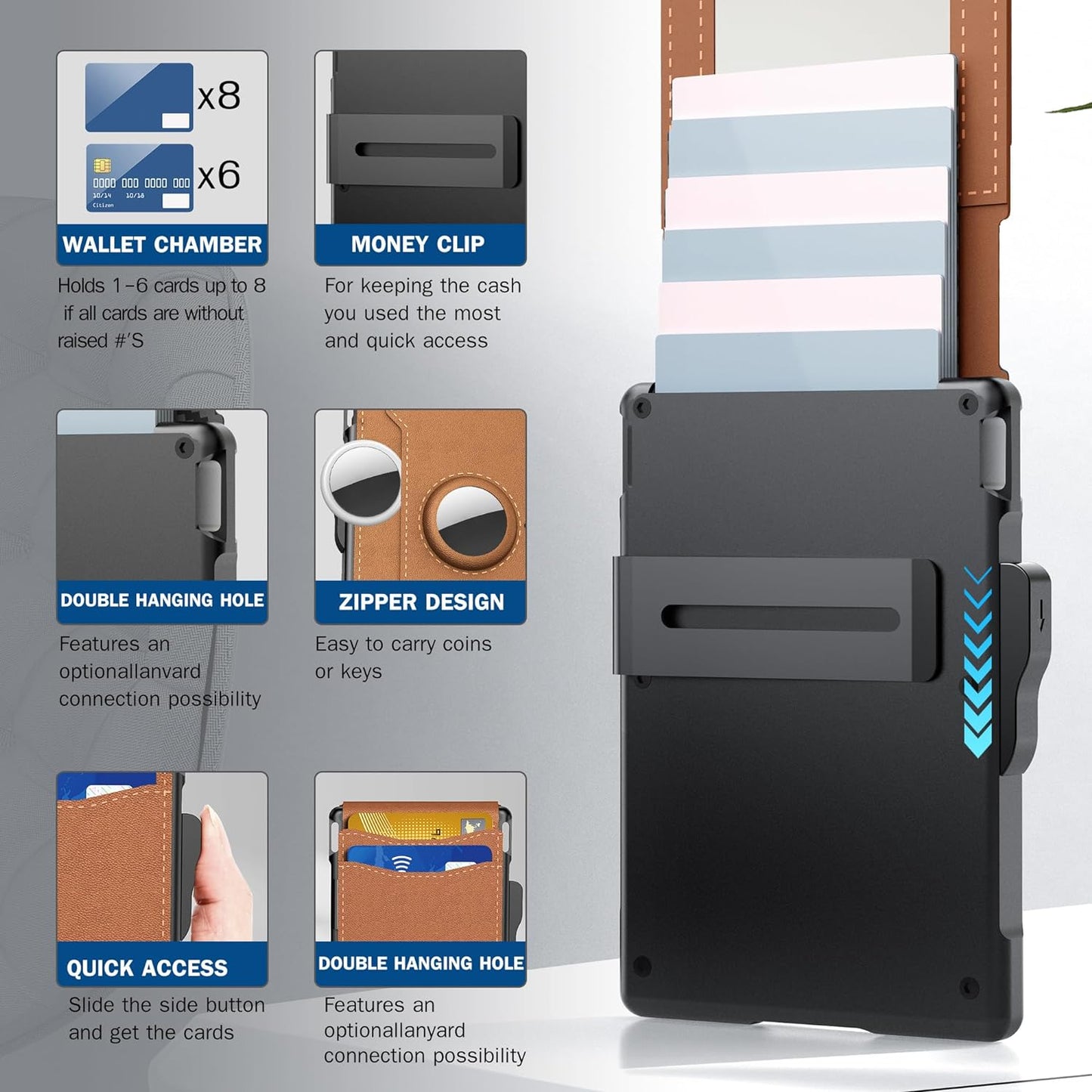 ✨AirTag-lommebok for menn – med pop-up-aluminiumsveske, pengeklips, slanke skinnlommer, kredittkortlommer, RFID-beskyttelse, minimalistisk lommebok med to rom