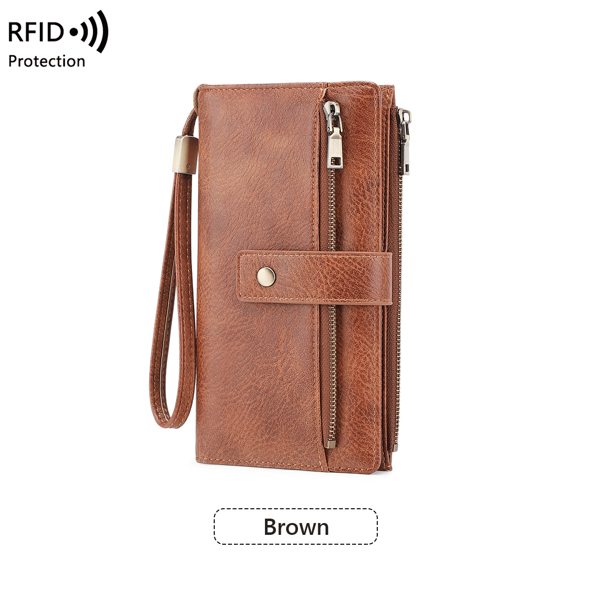 🔥Siste dag med 49 % rabatt – Lang lommebok for damer, stilig clutch, elegant ensfarget lommebok i skinn med RFID-beskyttelse