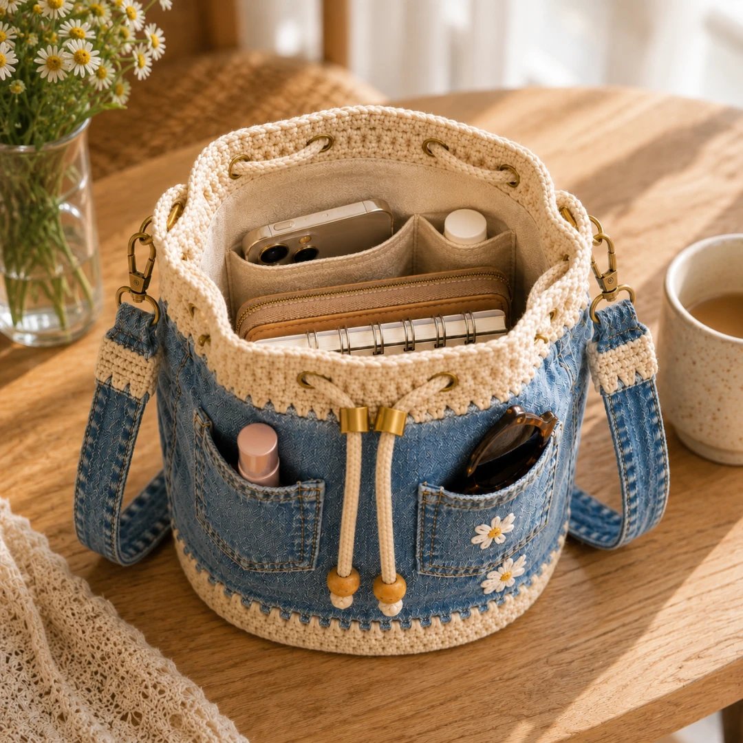 🔥Heit salg! 50 % rabatt!✨👜Håndlaget heklet denim-bøtteveske