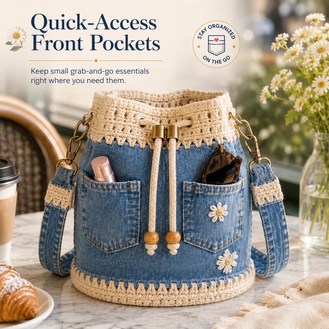🔥Heit salg! 50 % rabatt!✨👜Håndlaget heklet denim-bøtteveske
