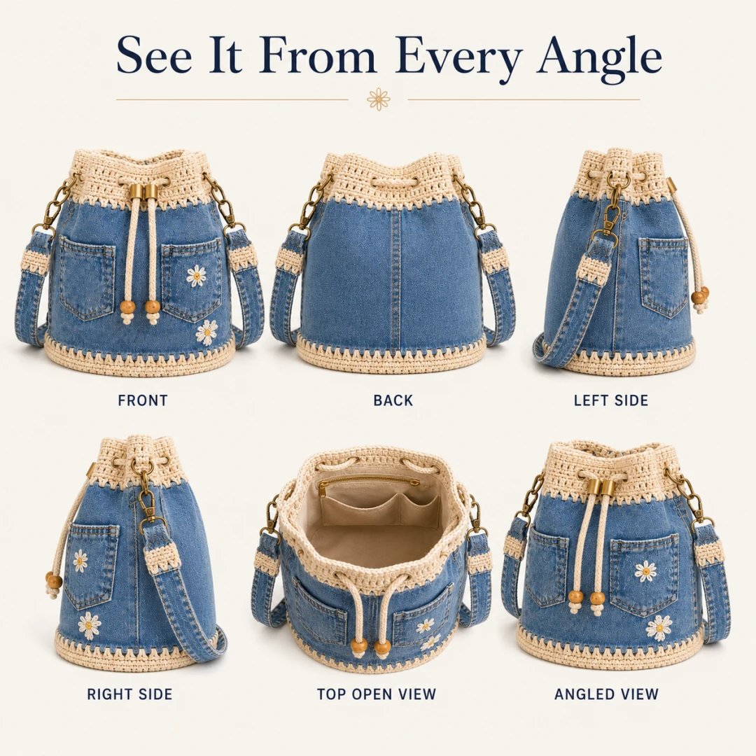 🔥Heit salg! 50 % rabatt!✨👜Håndlaget heklet denim-bøtteveske
