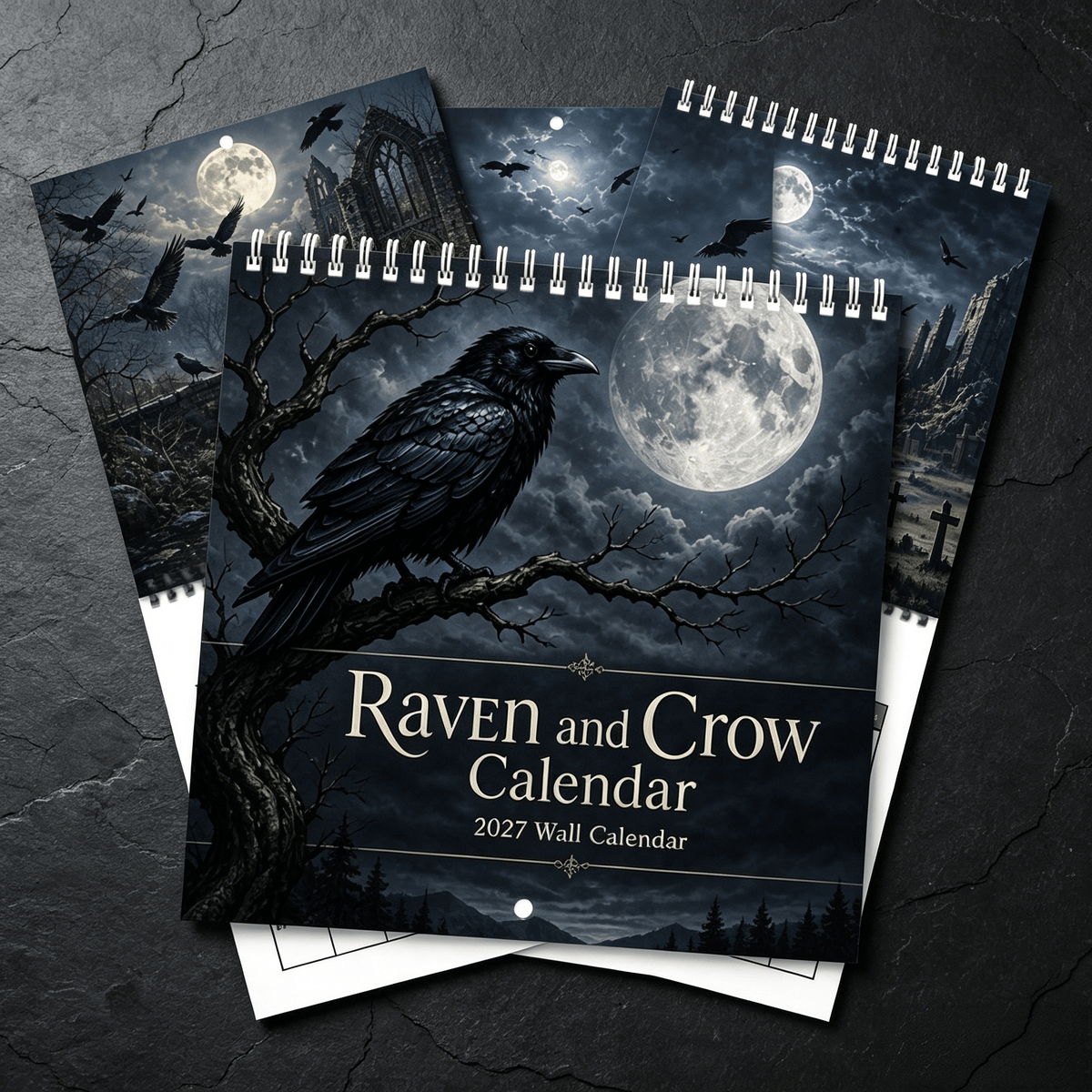 🐦‍⬛Veggkalender for 2027 med ravner og kråker – 12 måneder med gotisk kunst i måneskinn🖤