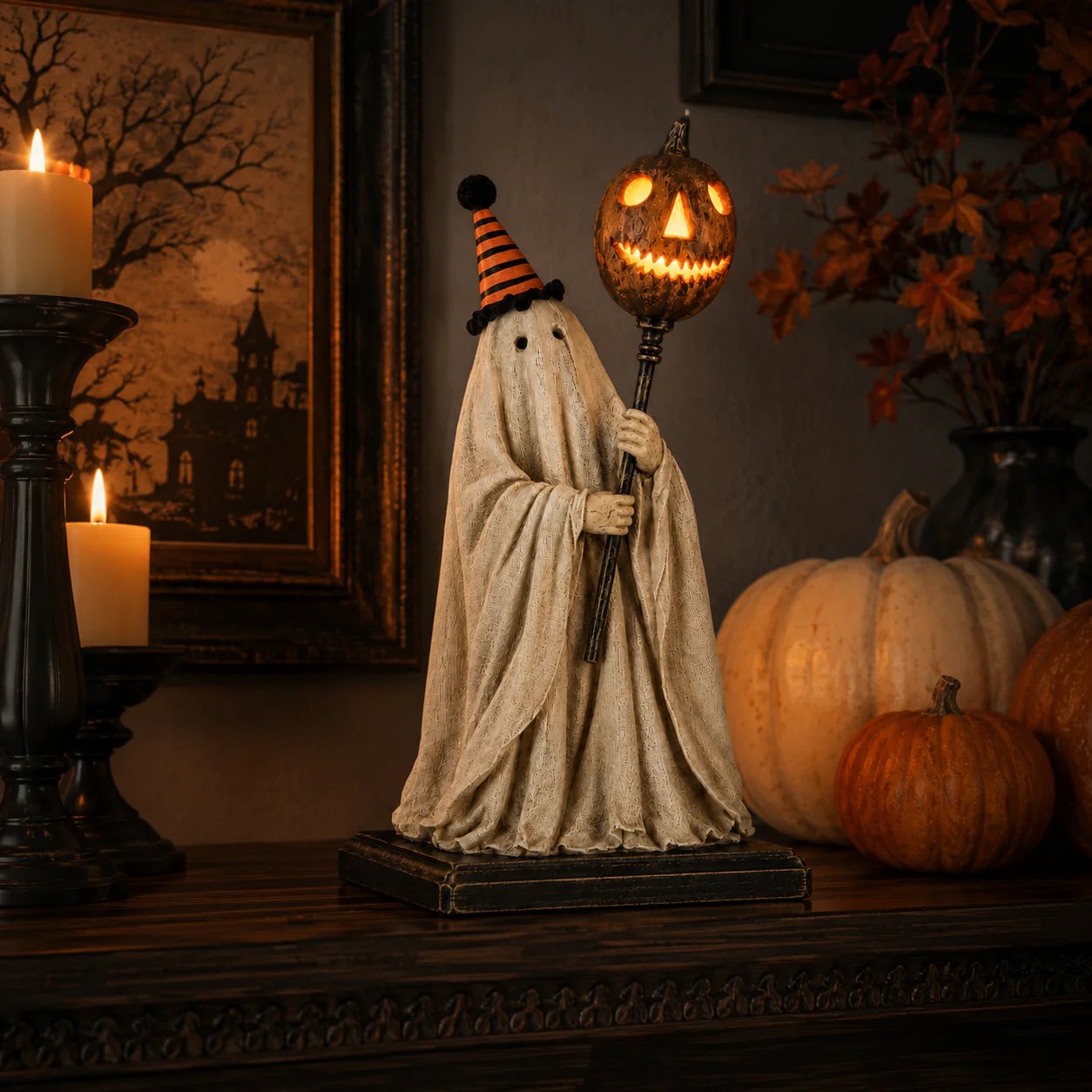 Summerween-salg: 50 % rabatt – Opplyst vintage spøkelsesfigur med glødende gresskarstav