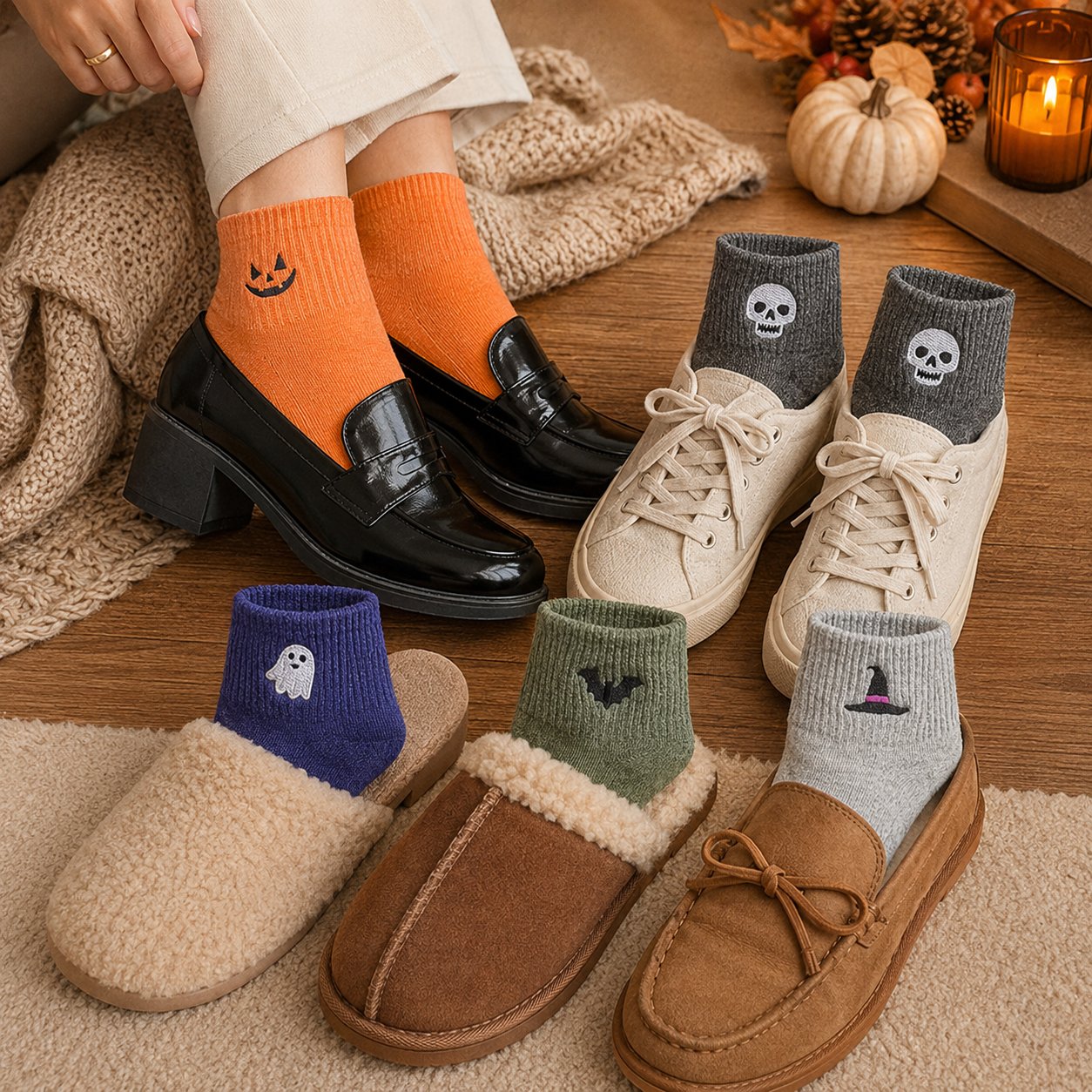 🎃 Populære broderte Halloween-sokker – søte, skumle strikkesokker | 100 % bomull✨