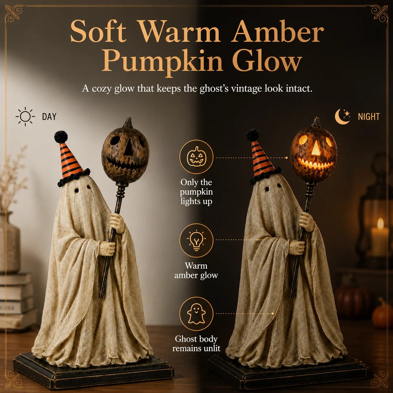 Summerween-salg: 50 % rabatt – Opplyst vintage spøkelsesfigur med glødende gresskarstav