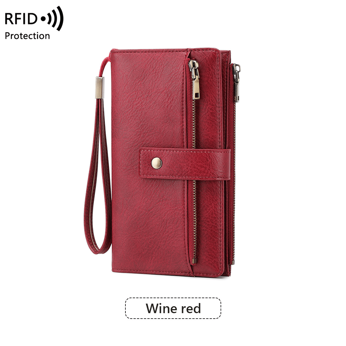 🔥Siste dag med 49 % rabatt – Lang lommebok for damer, stilig clutch, elegant ensfarget lommebok i skinn med RFID-beskyttelse